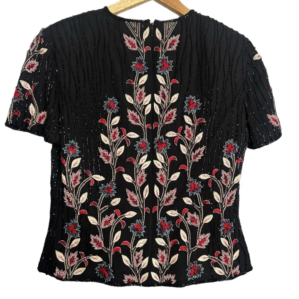 Vintage Adrianna Papell Silk Embroidered Beaded Floral Blouse Top